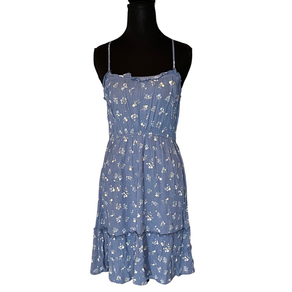 Pink Rose Blue Floral Print Ruffle Mini Dress Women's Medium Spaghetti Strap